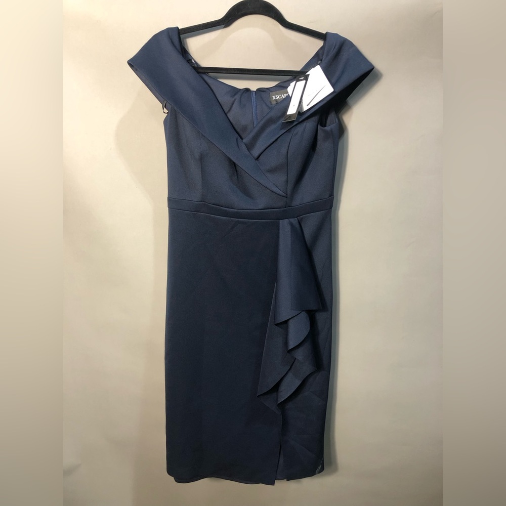 NWT Xscape Short Scuba Off-The-Shoulder Dress with Ruffle Sz 12 - Picture 3 of 5